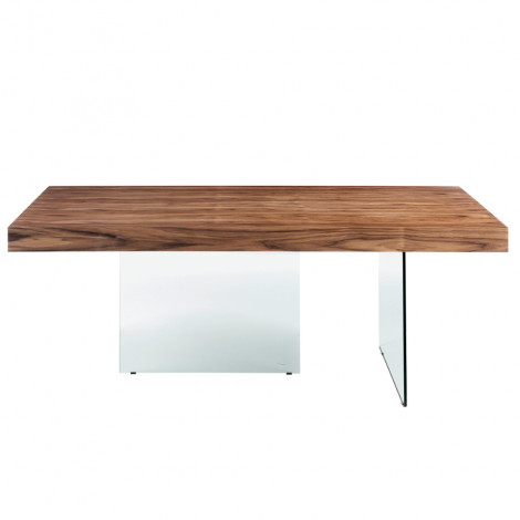 TABLE A MANGER RECTANGLE TOP NOYER PIED VERRE TREMPE 200X100X75/ 1028.