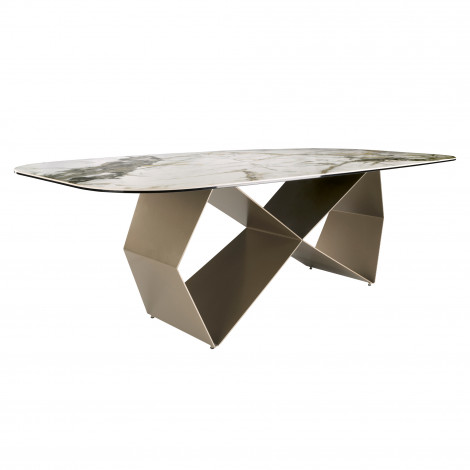 TABLE BARIL OVALE TOP CERAMIQUE PIED METAL CHAMPAGNE 240X120/ 1140