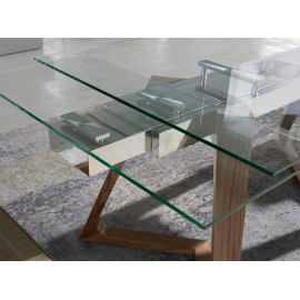 TABLE RALLONGE RECTANGULAIRE TOP VERRE PIED BOIS 160/200/240X90 / 1115